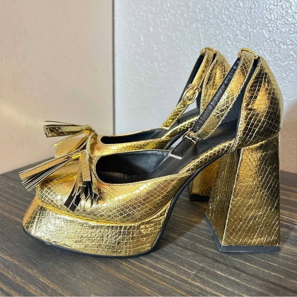 Gold Metallic Snakeskin Platform‎ Heels Tassel Square Toe Chunky Block Heel 5.5